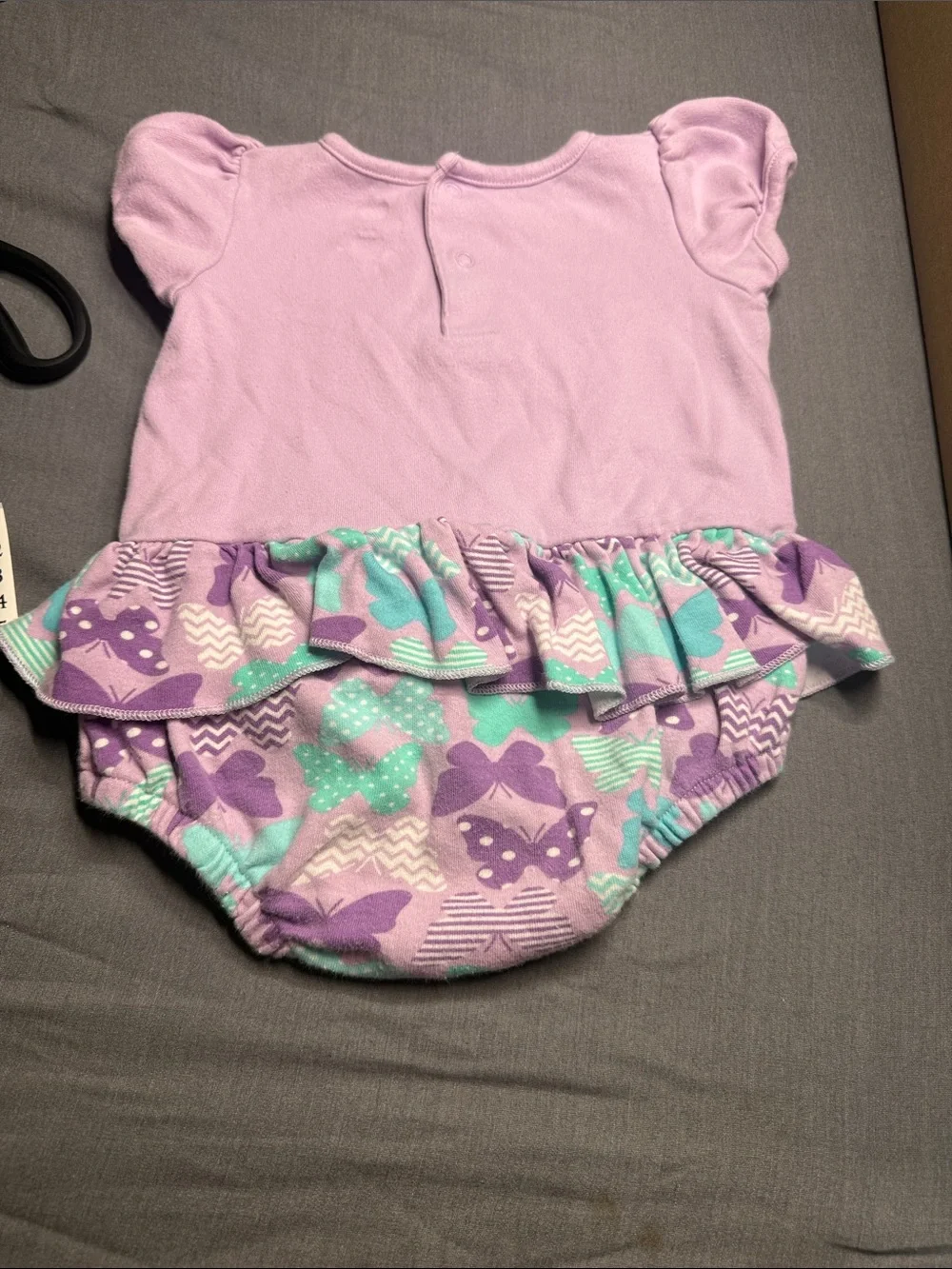 Koala Kids Lavender Ruffle onesie with Mint & Purple Butterflies